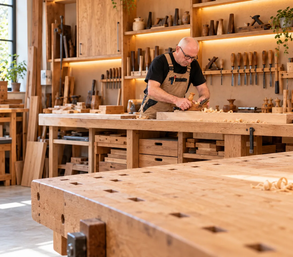 Tischler hobelt an der Hobelbank ein Werkstück in einer warm beleuchteten Holzwerkstatt mit Werkzeugregalen